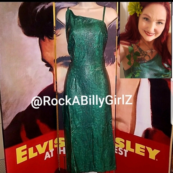 Tatyana Vintage 1950's Nagini Sexy Green & Black Snake Print Pinup Pencil Dress - Picture 1 of 8